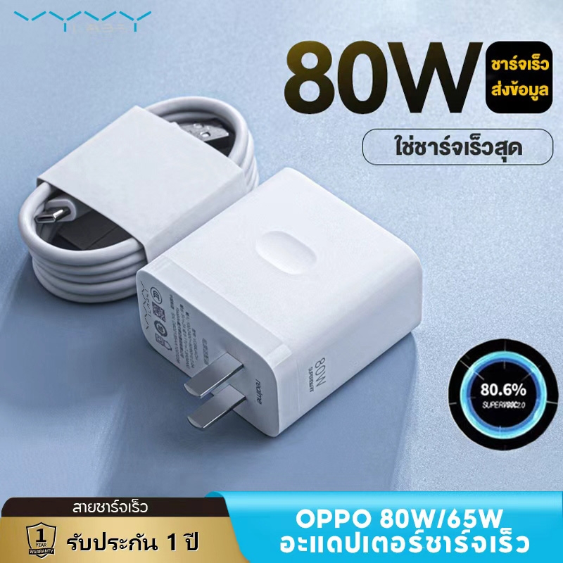 ชุดชาร์จ OPPO 80W ชุดชาร์จออปโป้ ชาร์จเร็ว SUPERVOOC หัวชาร์จ สายชาร์จ Type-C  ซีรี่ส์ สำหรับ Reno Realme OPPO A74/A95/A97 【รับประกัน1ปี】 